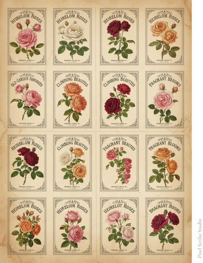 Victorian Rose Seed Packets Printable, 7 Page Junk Journal Kit, 60+ Vintage Floral Ephemera