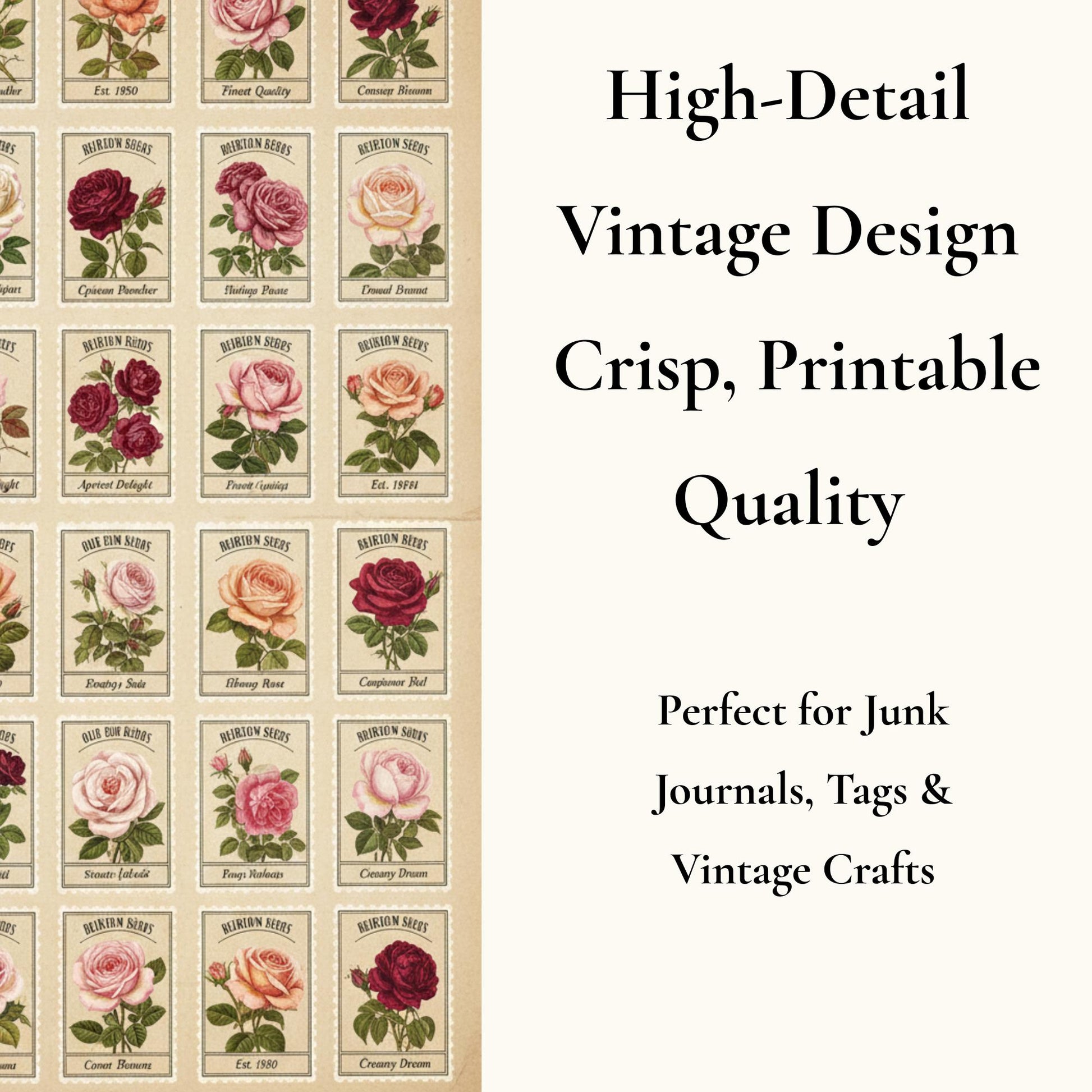 Victorian Rose Seed Packets Printable, 7 Page Junk Journal Kit, 60+ Vintage Floral Ephemera