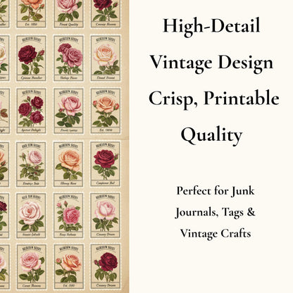 Victorian Rose Seed Packets Printable, 7 Page Junk Journal Kit, 60+ Vintage Floral Ephemera