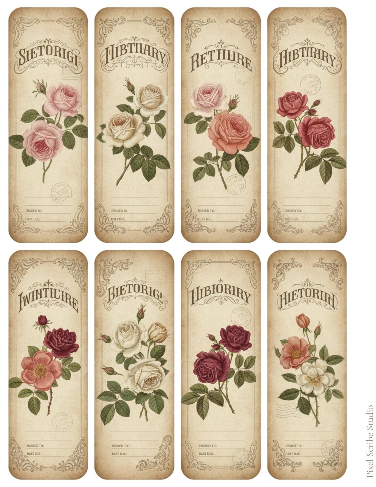 Vintage Rose Labels Printable, Victorian Floral Tags, Junk Journal Labels, Botanical Ephemera Strips