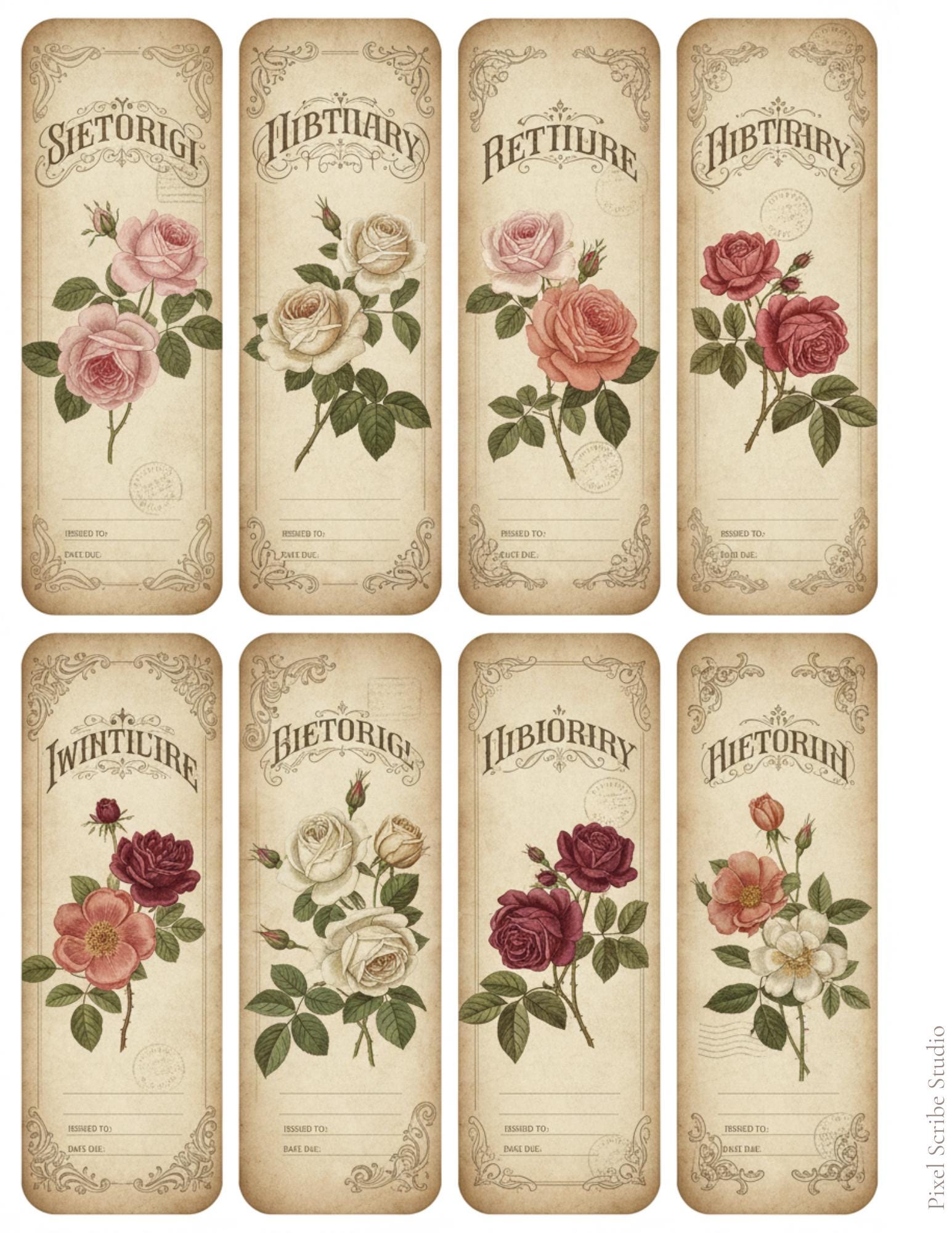 Vintage Rose Labels Printable, Victorian Floral Tags, Junk Journal Labels, Botanical Ephemera Strips