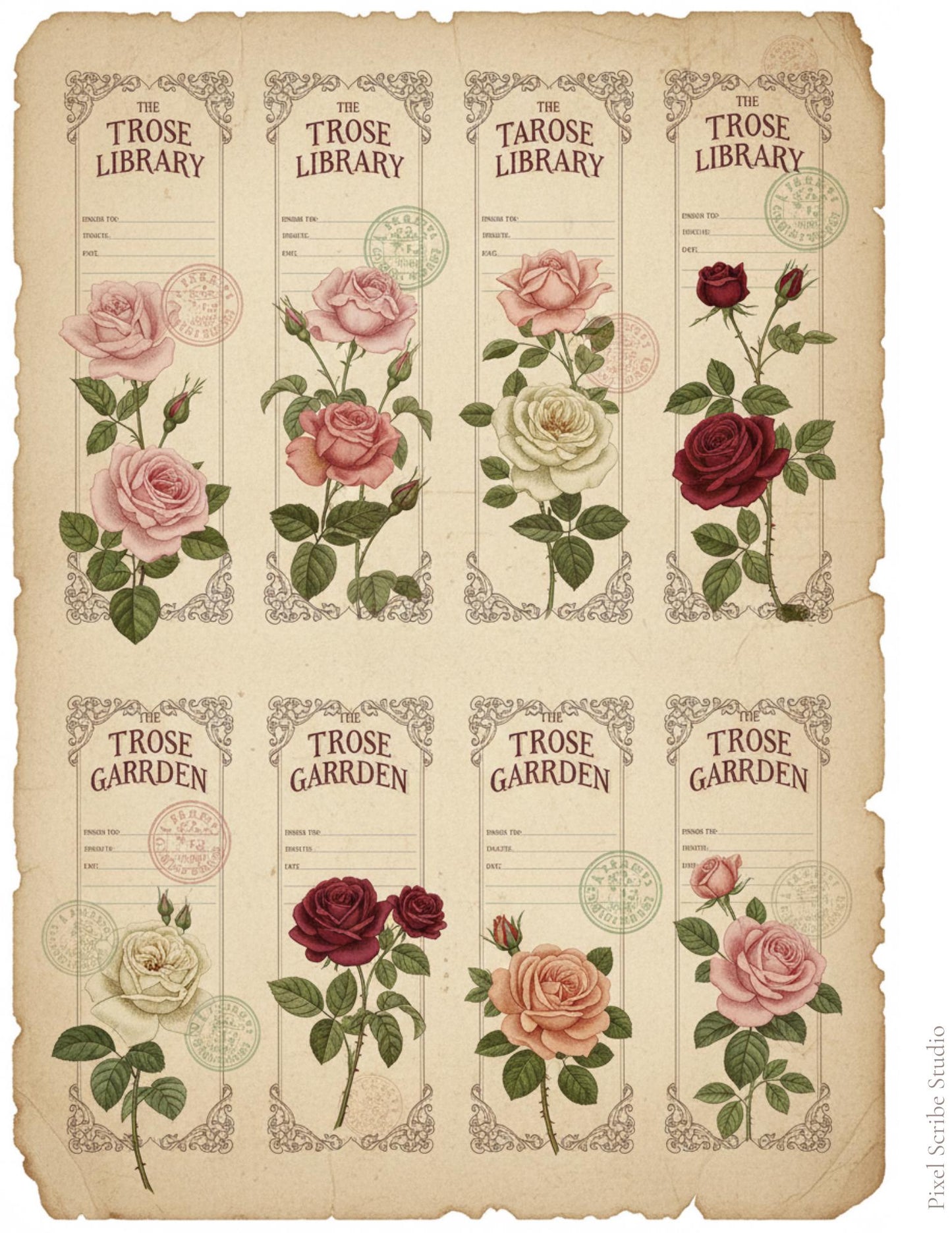 Vintage Rose Labels Printable, Victorian Floral Tags, Junk Journal Labels, Botanical Ephemera Strips