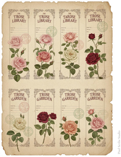 Vintage Rose Labels Printable, Victorian Floral Tags, Junk Journal Labels, Botanical Ephemera Strips