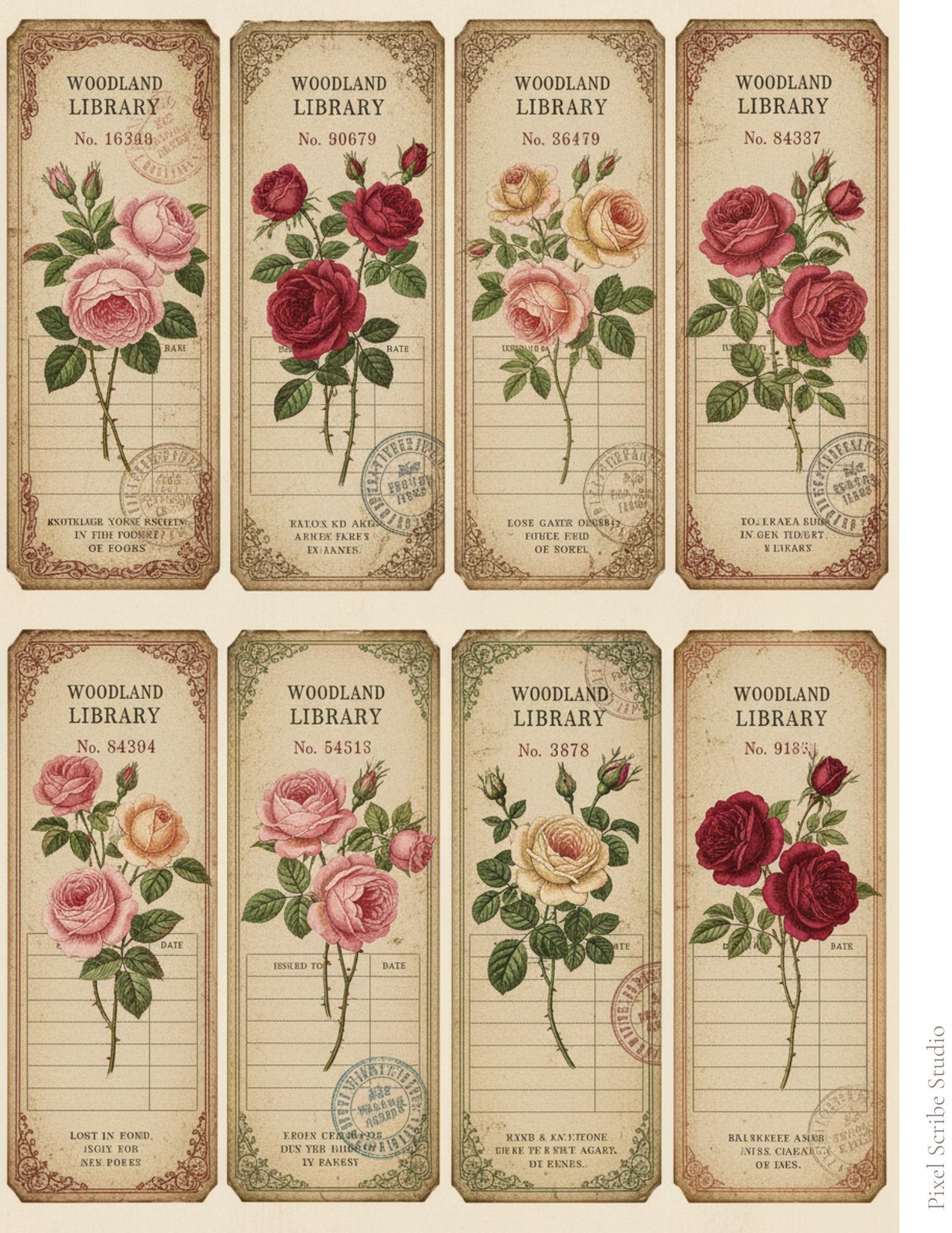 Vintage Rose Labels Printable, Victorian Floral Tags, Junk Journal Labels, Botanical Ephemera Strips
