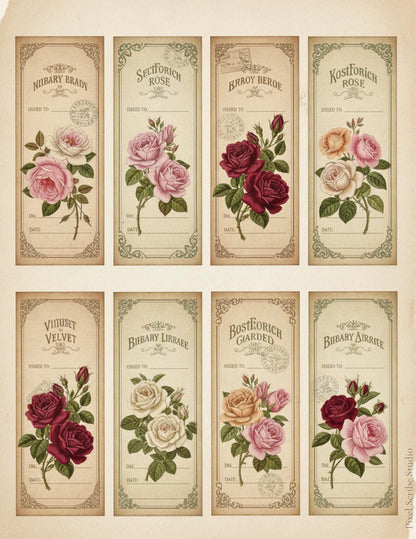 Vintage Rose Labels Printable, Victorian Floral Tags, Junk Journal Labels, Botanical Ephemera Strips