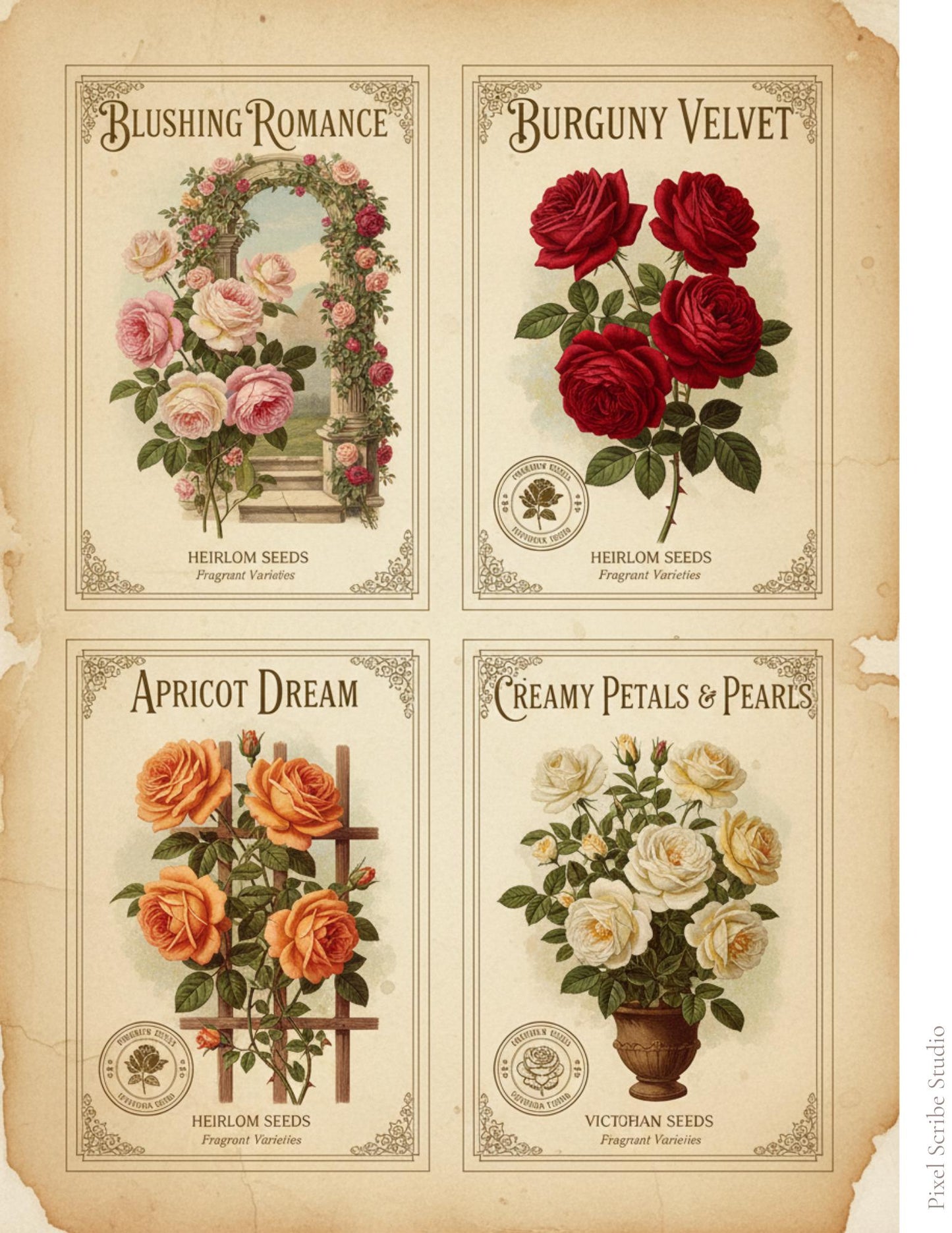 Vintage Rose Journal Cards Printable, Victorian Floral Ephemera, Botanical Junk Journal Cards, Printable Collage Cards