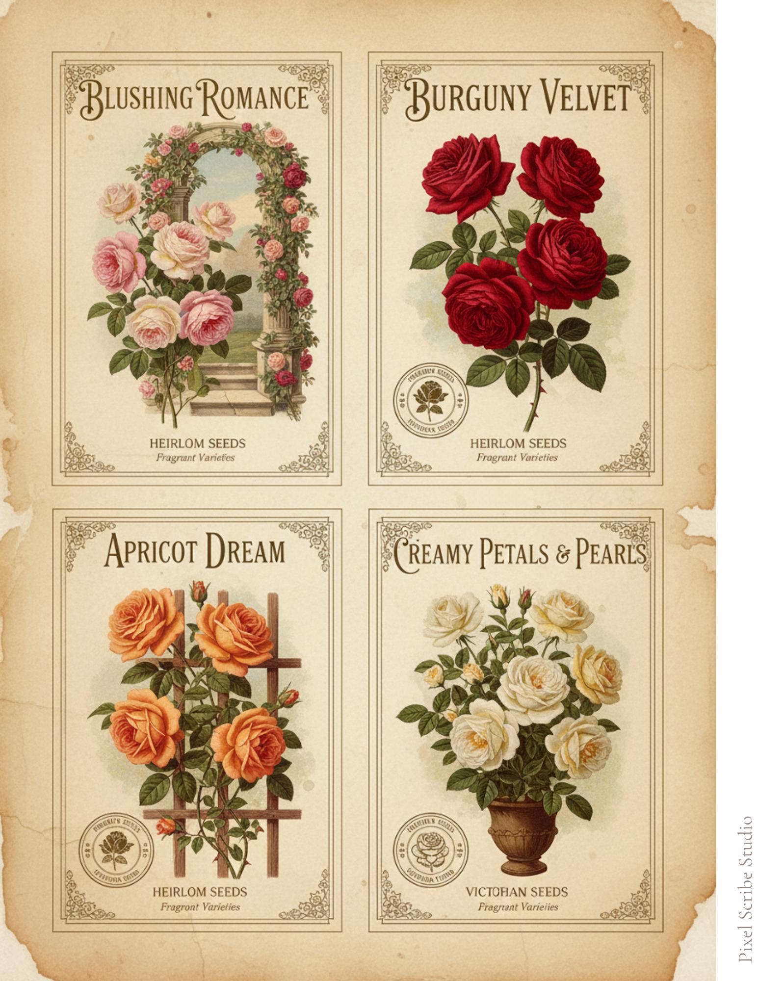 Vintage Rose Journal Cards Printable, Victorian Floral Ephemera, Botanical Junk Journal Cards, Printable Collage Cards