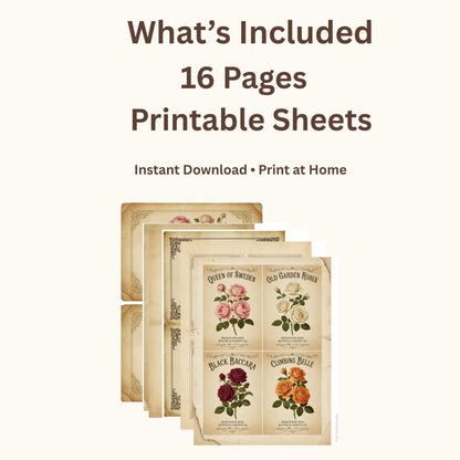 Vintage Rose Journal Cards Printable, Victorian Floral Ephemera, Botanical Junk Journal Cards, Printable Collage Cards