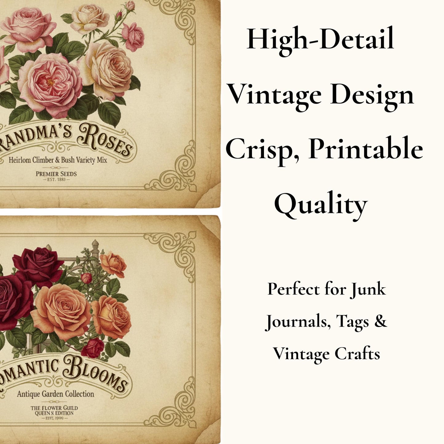 Vintage Rose Journal Cards Printable, Victorian Floral Ephemera, Botanical Junk Journal Cards, Printable Collage Cards