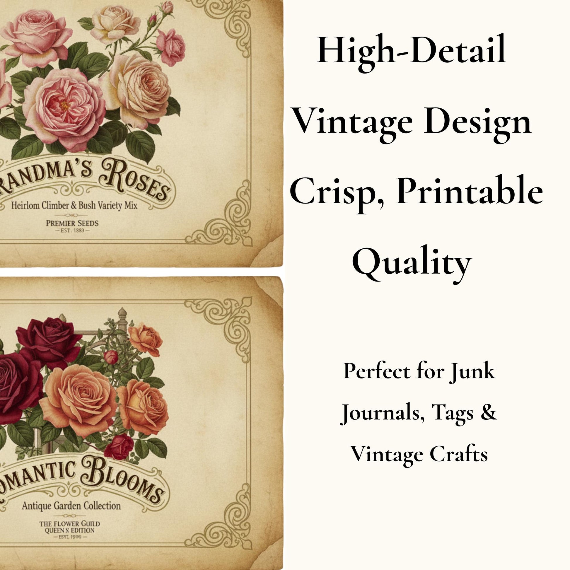Vintage Rose Journal Cards Printable, Victorian Floral Ephemera, Botanical Junk Journal Cards, Printable Collage Cards