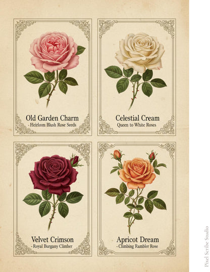 Vintage Rose Journal Cards Printable, Victorian Floral Ephemera, Botanical Junk Journal Cards, Printable Collage Cards