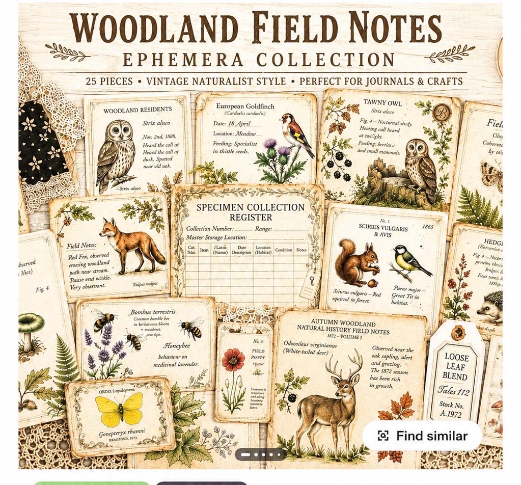 Woodland Field Notes Ephemera Collection | Handmade Woodland Junk Journal Ephemera, Botanical Nature Craft Kit, Vintage Naturalist Paper