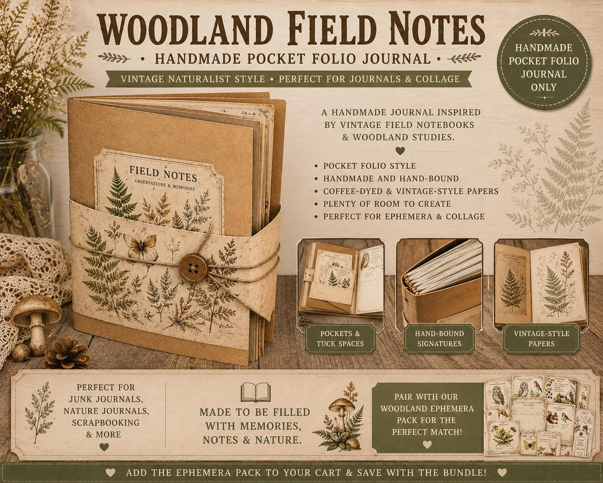 Mini Woodland Field Notes Bundle | Handmade Journal & Ephemera Collection| Botanical Nature Craft Kit, Vintage Naturalist Paper