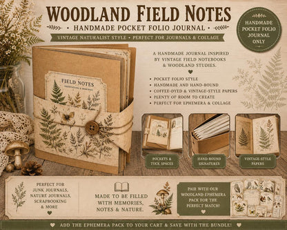 Mini Woodland Field Notes Bundle | Handmade Journal & Ephemera Collection| Botanical Nature Craft Kit, Vintage Naturalist Paper