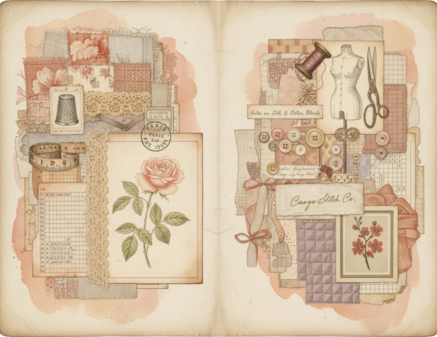 Peach & Lace Vintage Sewing Journal Pages | Romantic Junk Journal Printable Kit | Soft Botanical Collage Papers | Shabby Chic Ephemera Pages