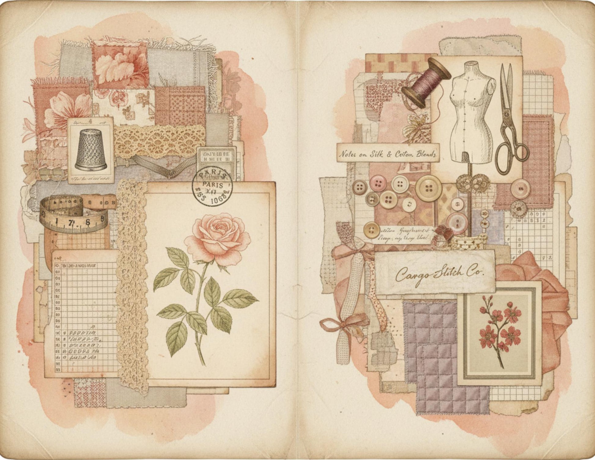 Peach & Lace Vintage Sewing Journal Pages | Romantic Junk Journal Printable Kit | Soft Botanical Collage Papers | Shabby Chic Ephemera Pages