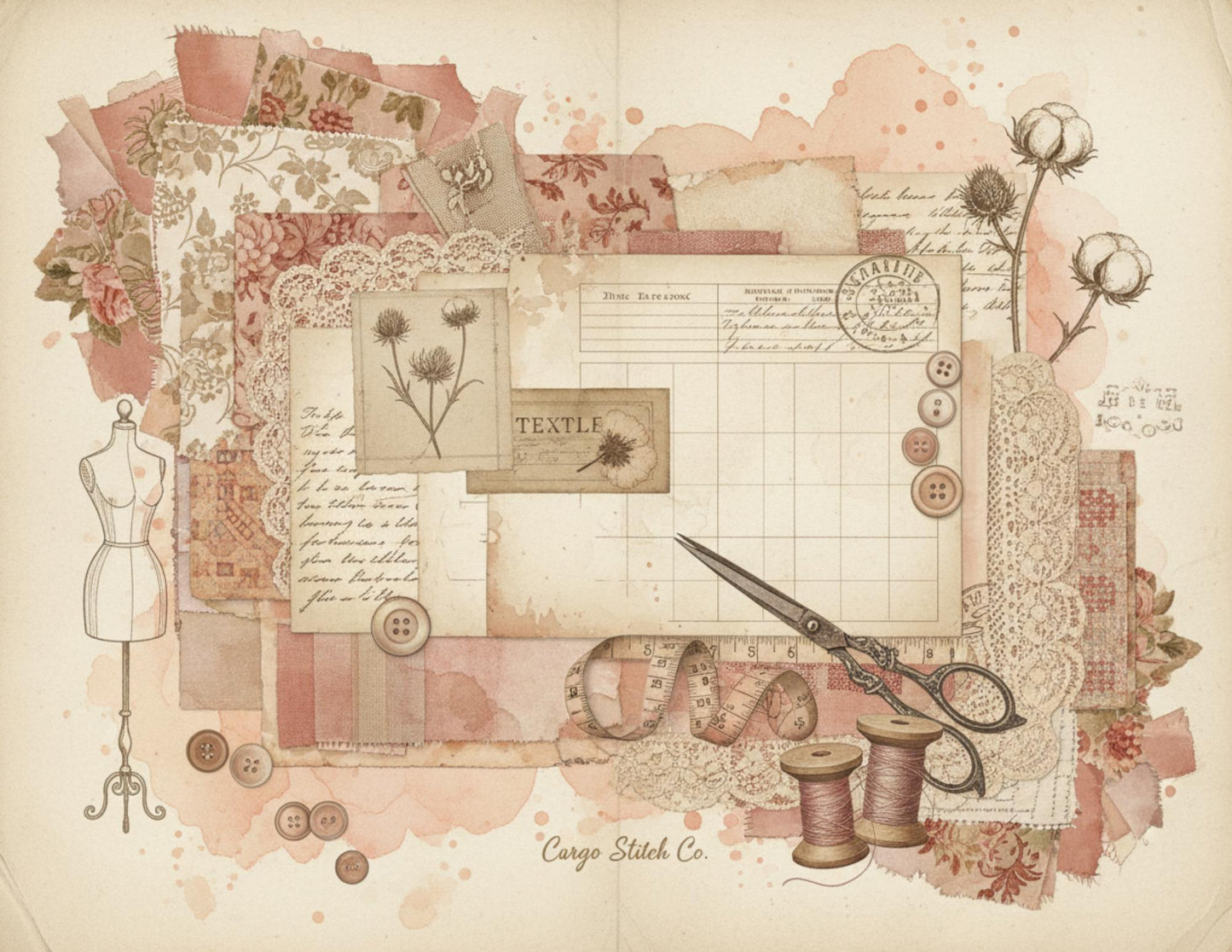 Peach & Lace Vintage Sewing Journal Pages | Romantic Junk Journal Printable Kit | Soft Botanical Collage Papers | Shabby Chic Ephemera Pages