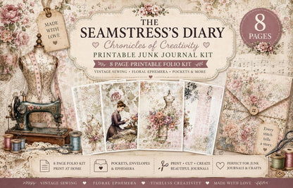 Seamstress’s Diary Folio Kit | 8 Page Printable Junk Journal Kit | Vintage Sewing Ephemera | Tags, Pockets Labels