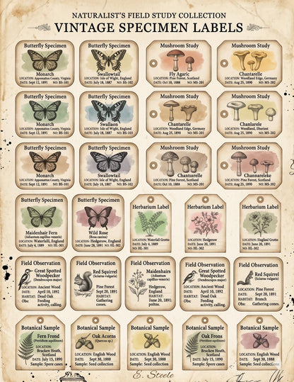 Naturalist’s Field Study Collection | Printable Botanical & Zoological Ephemera, Vintage Specimen Labels, Junk Journal Kit