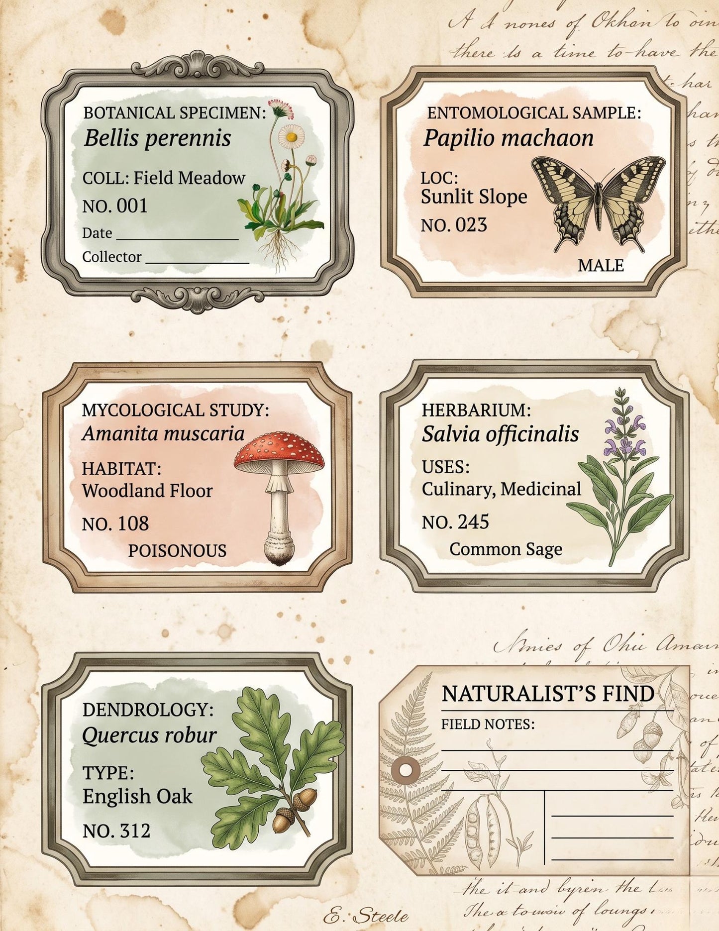 Naturalist’s Botanical Study Collection | Printable Vintage Ephemera, Botanical Labels, Mushroom & Butterfly Junk Journal Kit