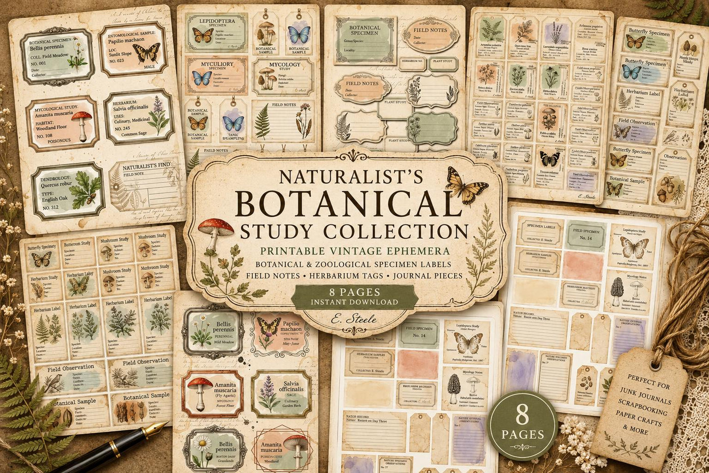 Naturalist’s Botanical Study Collection | Printable Vintage Ephemera, Botanical Labels, Mushroom & Butterfly Junk Journal Kit