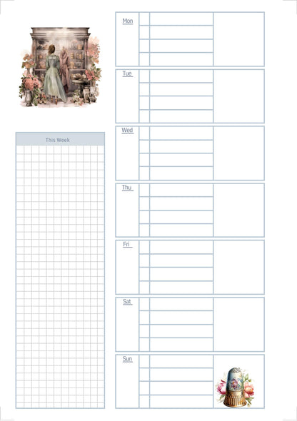 The Seamstress’s Diary – Printable Sewing-Themed Planner, 10-Page Digital Organizer, Vintage Stitching Design, Weekly & Project Pages