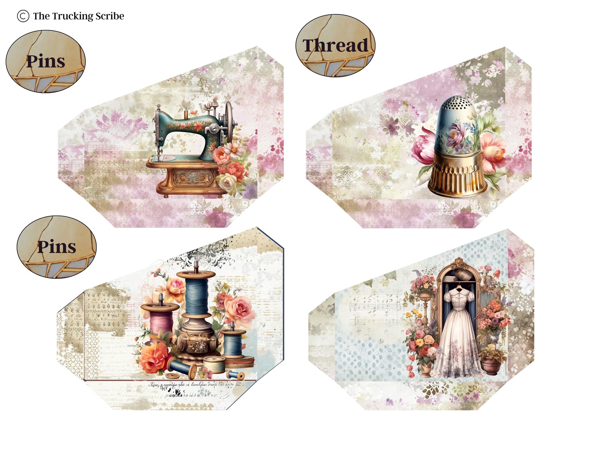 The Seamstress’s Diary: Chronicles of Creativity, Ephemera Pack, Vintage Sewing Junk Journal Kit, Tags, Tickets & Floral Sewing Elements
