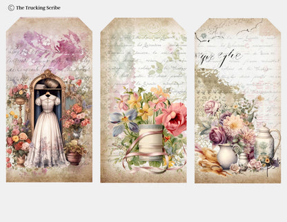 The Seamstress’s Diary: Chronicles of Creativity, Ephemera Pack, Vintage Sewing Junk Journal Kit, Tags, Tickets & Floral Sewing Elements