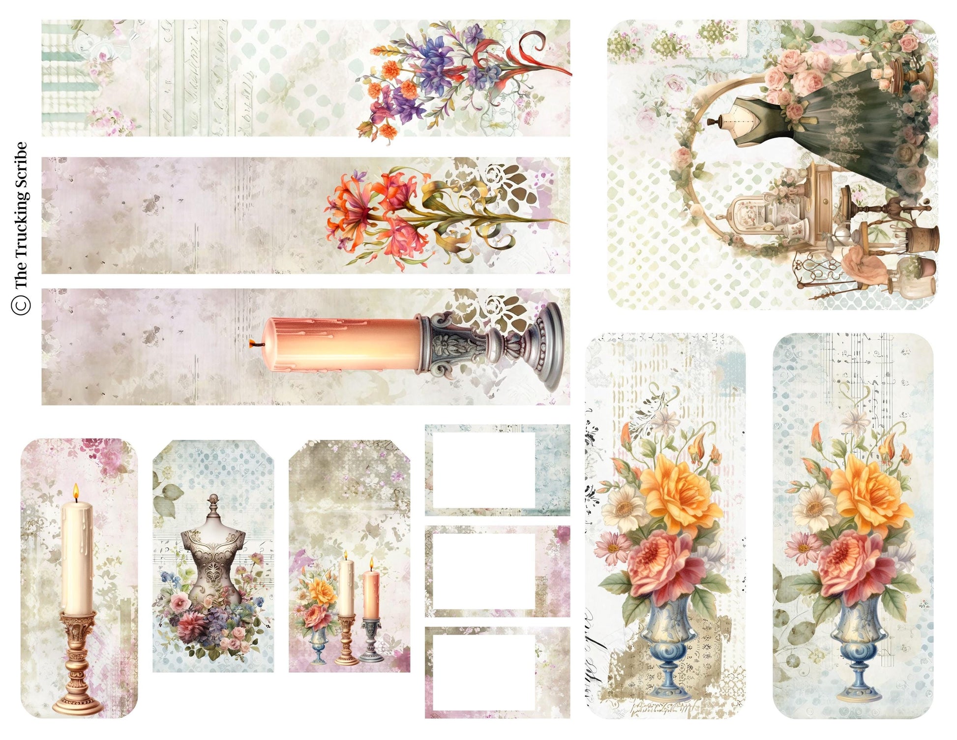 The Seamstress’s Diary: Chronicles of Creativity, Ephemera Pack, Vintage Sewing Junk Journal Kit, Tags, Tickets & Floral Sewing Elements