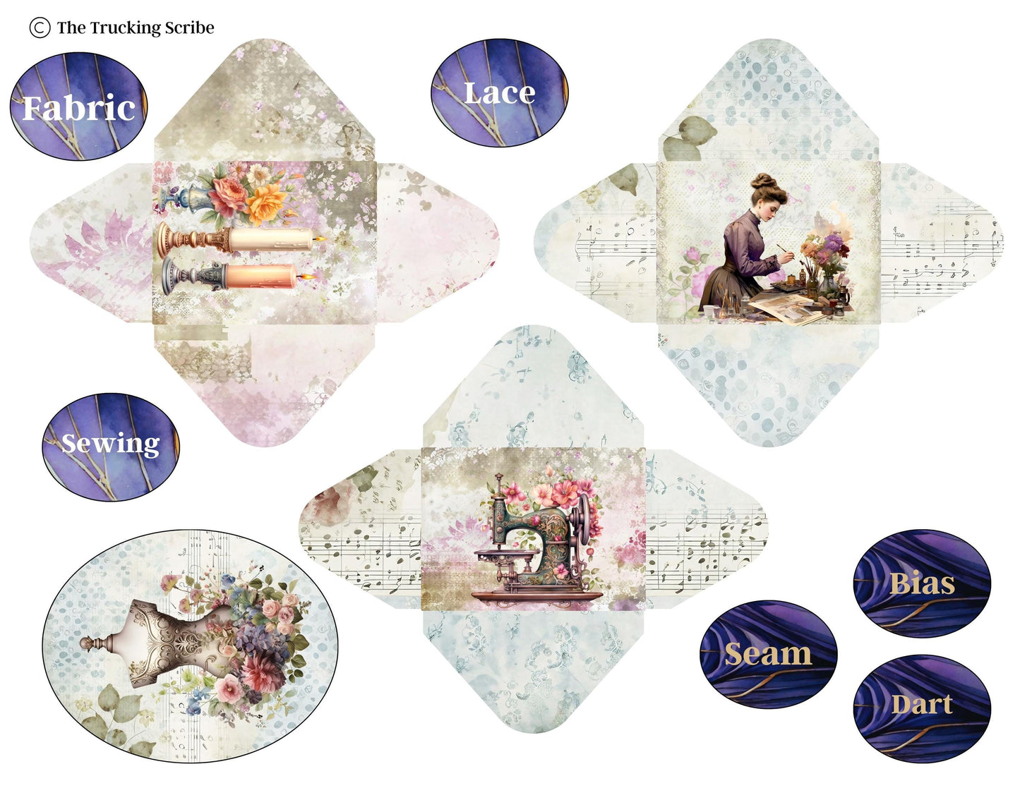 The Seamstress’s Diary: Chronicles of Creativity, Ephemera Pack, Vintage Sewing Junk Journal Kit, Tags, Tickets & Floral Sewing Elements