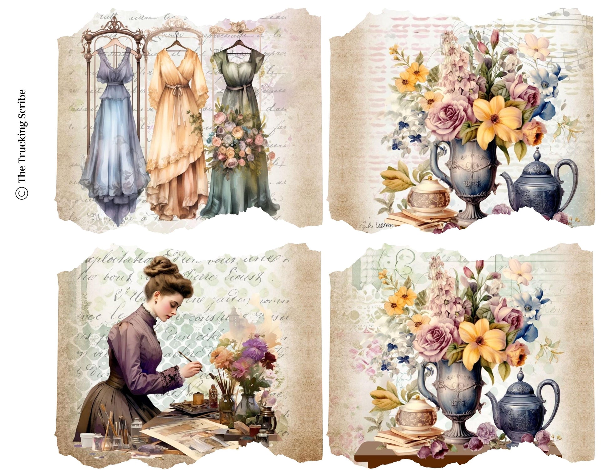 The Seamstress’s Diary: Chronicles of Creativity, Ephemera Pack, Vintage Sewing Junk Journal Kit, Tags, Tickets & Floral Sewing Elements
