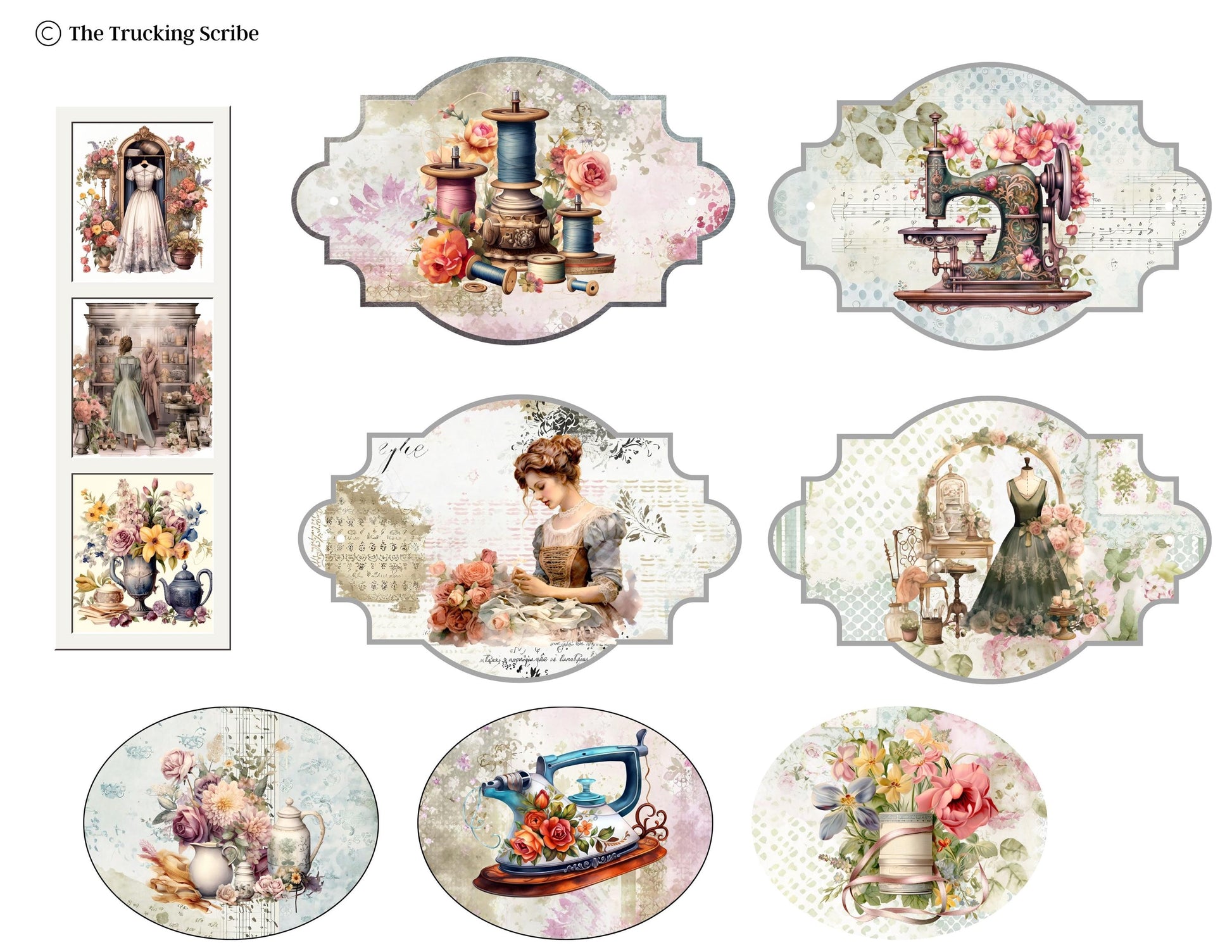 The Seamstress’s Diary: Chronicles of Creativity, Ephemera Pack, Vintage Sewing Junk Journal Kit, Tags, Tickets & Floral Sewing Elements
