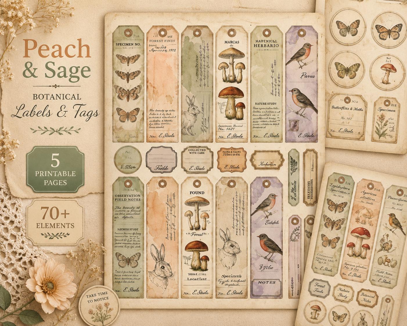 Peach & Sage Botanical Labels Tags | 5 Printable Pages | Vintage Junk Journal Ephemera Specimen Labels