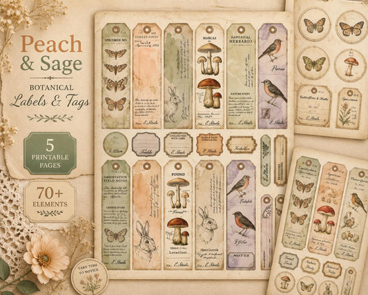 Peach & Sage Botanical Labels Tags | 5 Printable Pages | Vintage Junk Journal Ephemera Specimen Labels