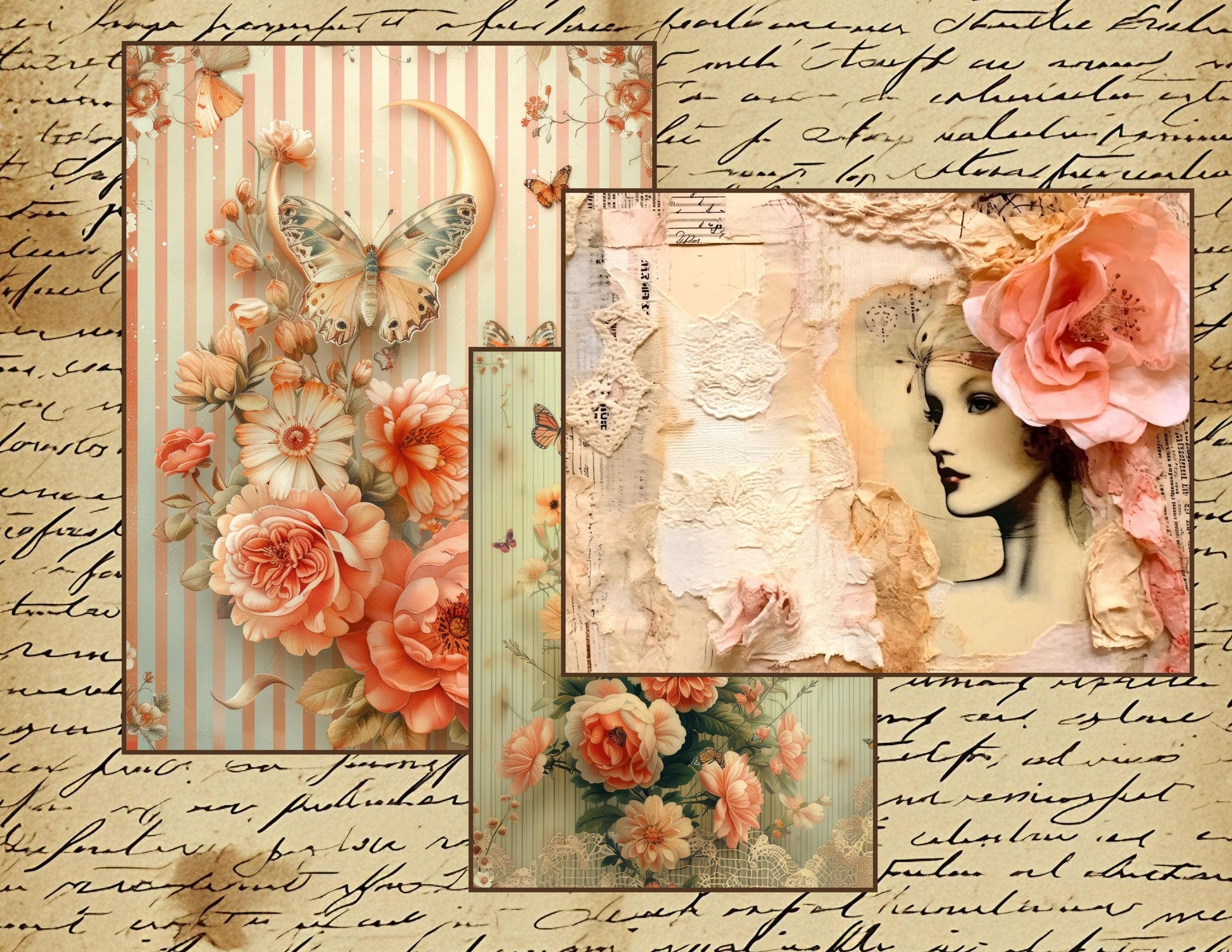 Whispering Garden – The Quiet Collection | Peach Floral Ephemera, Soft Peach Floral Junk Journal Kit, Printable Collage Papers