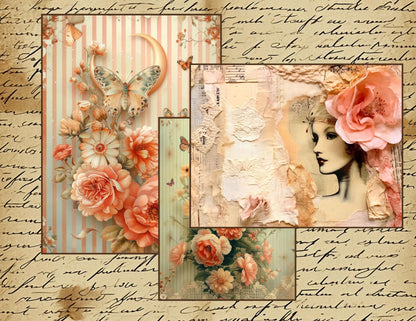 Whispering Garden – The Quiet Collection | Peach Floral Ephemera, Soft Peach Floral Junk Journal Kit, Printable Collage Papers