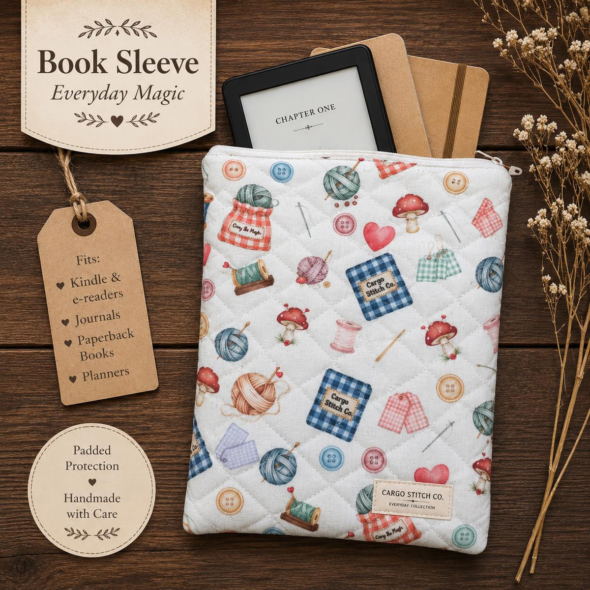 Quilted Book Sleeve, Kindle Sleeve, Journal Sleeve, Book Protector, Zippered Fabric Pouch, Reader Gift, Quilted Kindle Case