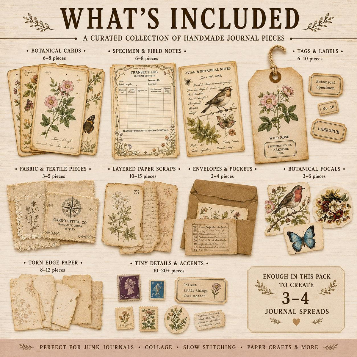Curated Ephemera Pack | Botanical Field Notes Journal Pieces | Handmade Vintage Journal Kit for Junk Journals & Collage