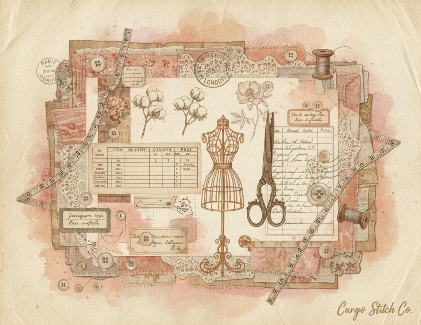 Peach & Lace Vintage Sewing Journal Pages | Romantic Junk Journal Printable Kit | Soft Botanical Collage Papers | Shabby Chic Ephemera Pages