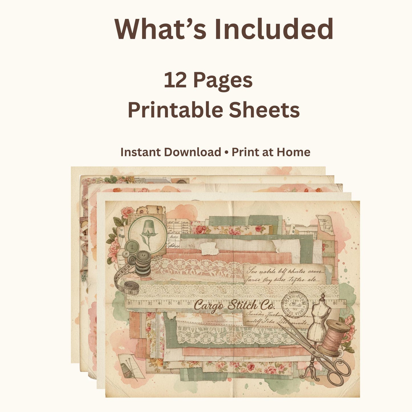 Peach & Lace Vintage Sewing Journal Pages | Romantic Junk Journal Printable Kit | Soft Botanical Collage Papers | Shabby Chic Ephemera Pages