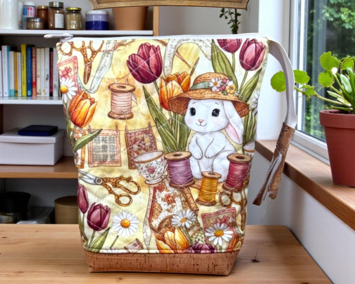 Blossom Bunny Quilted Project Bag, Large Sewing Notions Pouch, Maker Bag with Cork Base, Handmade Craft Organizer