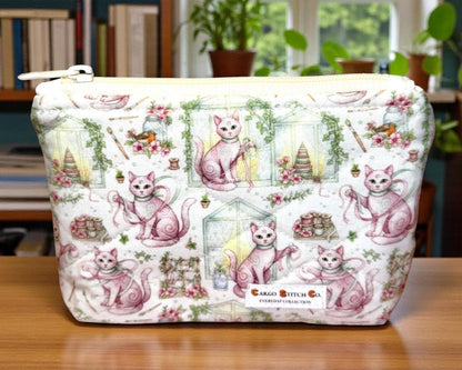Sewing Garden Cat Quilted Zipper Pouch, Medium Makeup Bag, Sewing Notions Pouch, Handmade Cat Gift, Cottagecore Organizer