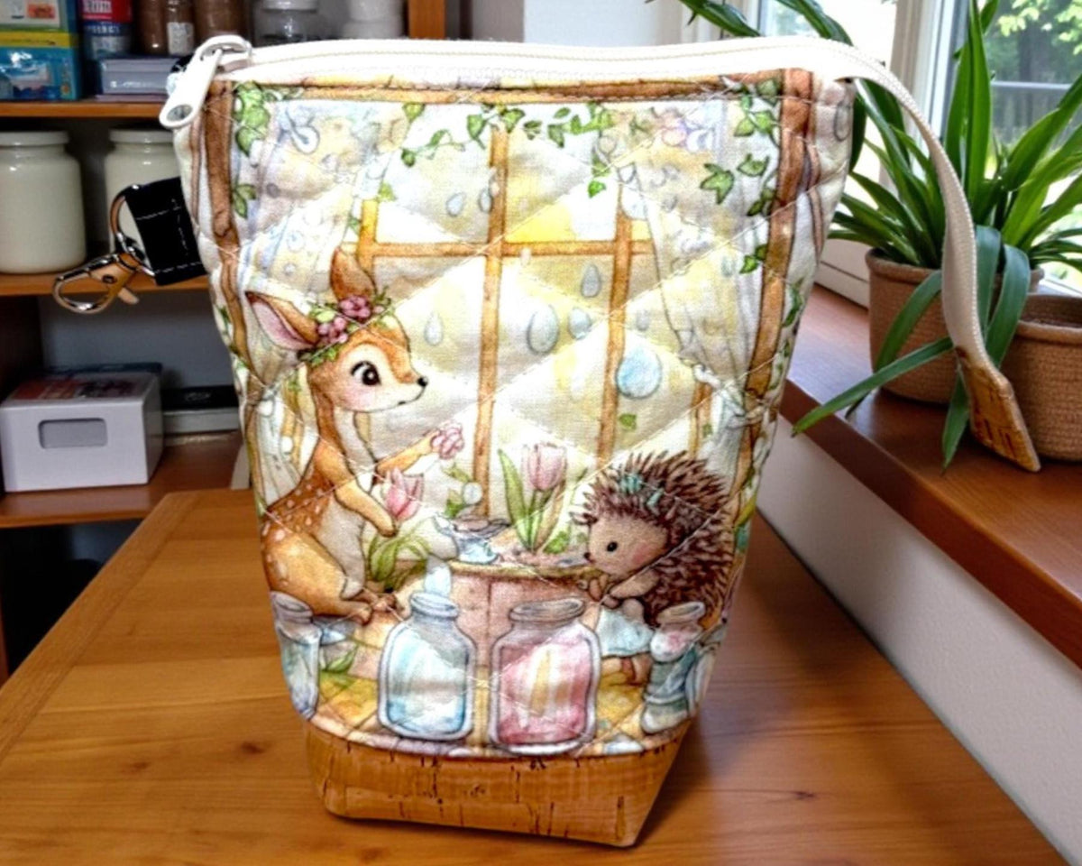 Daisy & Thimble Quilted Project Pouch – Woodland Sewing Bag, Maker Gift, Journal and Craft Organizer