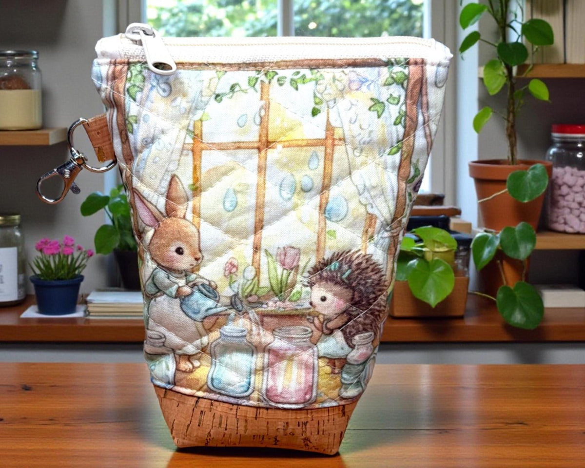 Bramble & Thimble Quilted Zipper Pouch, Bunny Hedgehog Sewing Bag, Craft Organizer, Journaling Pouch, Maker Gift