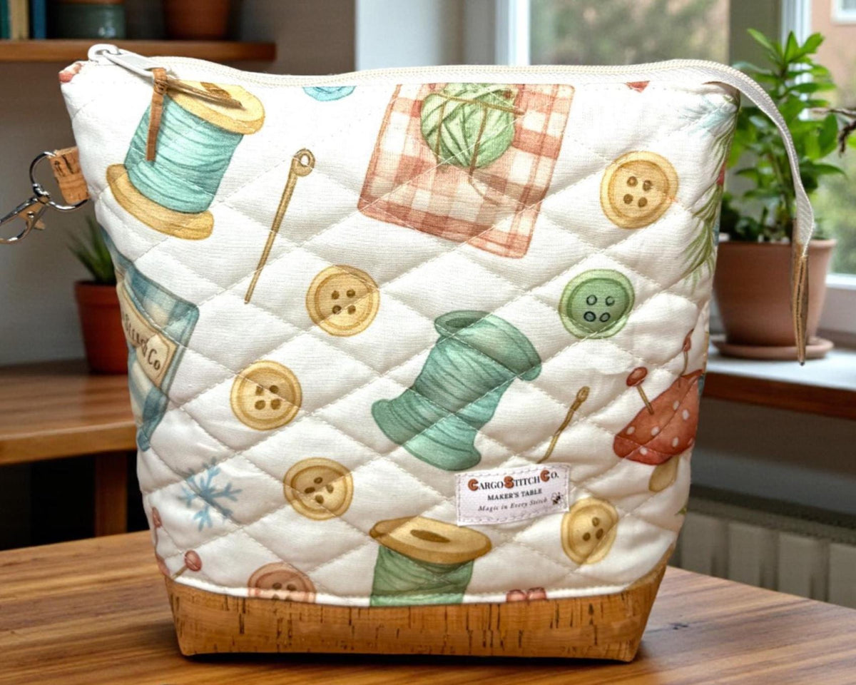 Quilted Sewing Project Bag | Maker’s Table Large Craft Organizer | Cork Bottom Zipper Pouch | Gift for Sewist & Quilter