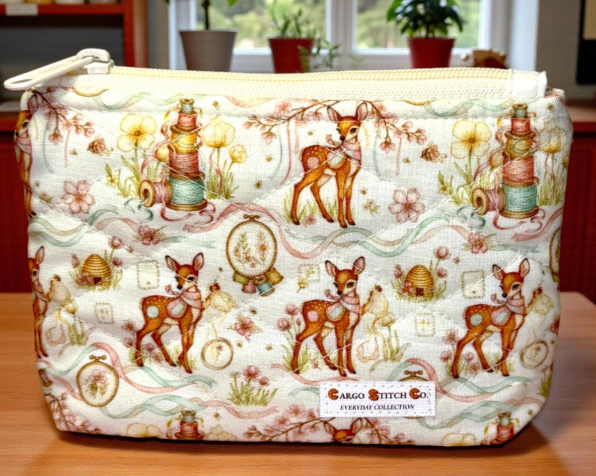 Woodland Deer Quilted Zipper Pouch, Medium Makeup Bag, Sewing Notions Pouch, Cottagecore Deer Gift, Handmade Organizer