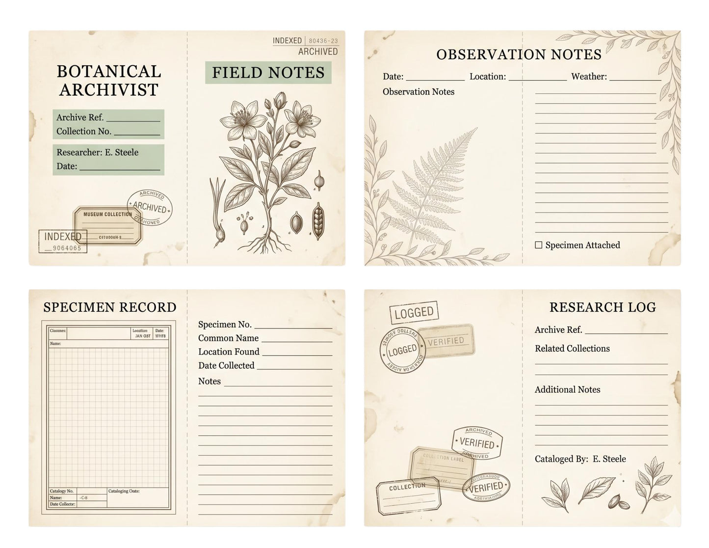 Botanical Archivist Field Notes Collection, Printable Journal Pages, Herbarium Records, Botanical Ephemera, Junk Journal Kit, Nature Archive