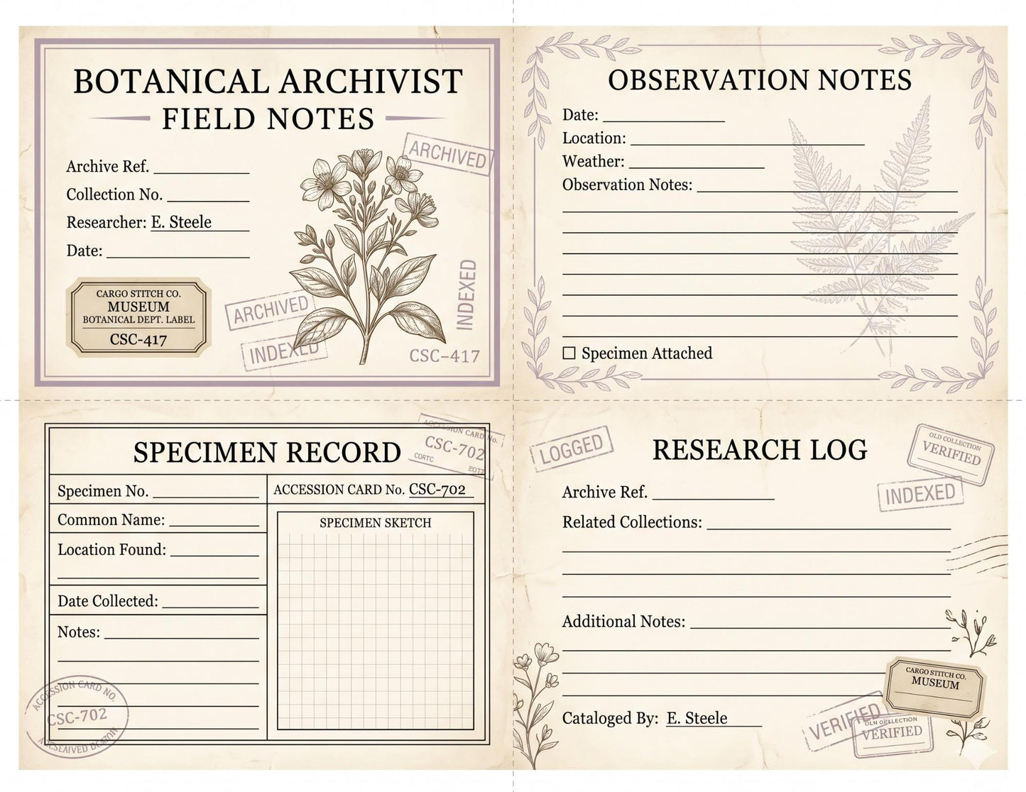 Botanical Archivist Field Notes Collection, Printable Journal Pages, Herbarium Records, Botanical Ephemera, Junk Journal Kit, Nature Archive