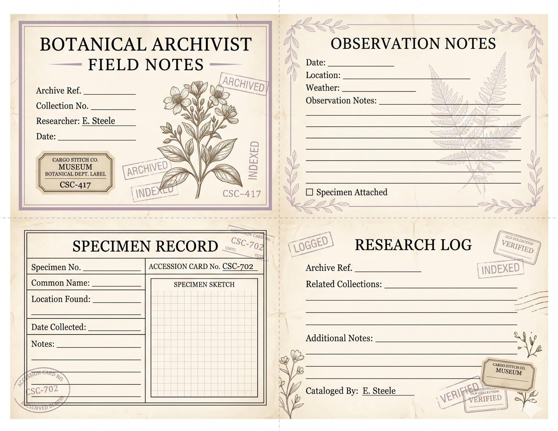 Botanical Archivist Field Notes Collection, Printable Journal Pages, Herbarium Records, Botanical Ephemera, Junk Journal Kit, Nature Archive