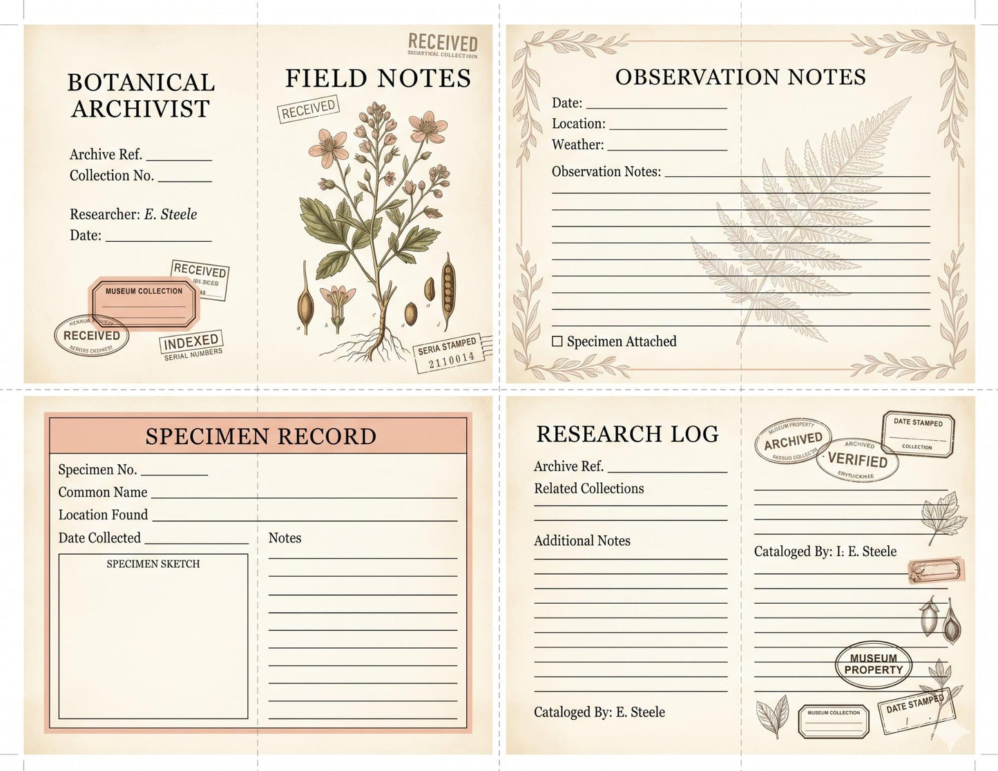 Botanical Archivist Field Notes Collection, Printable Journal Pages, Herbarium Records, Botanical Ephemera, Junk Journal Kit, Nature Archive